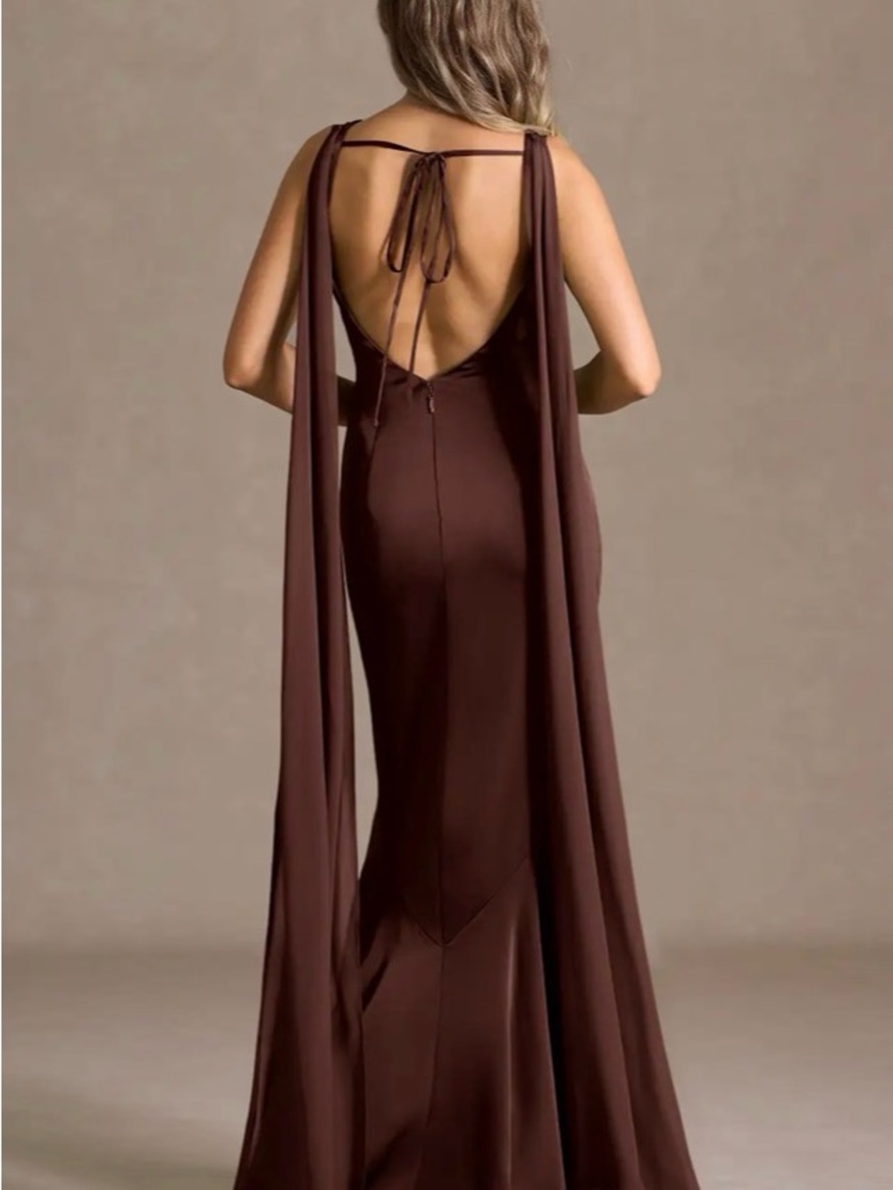 Azazie Wynne Mocha Coco Sleeveless Maxi Gown with Draped Cape - Picture 2 of 6